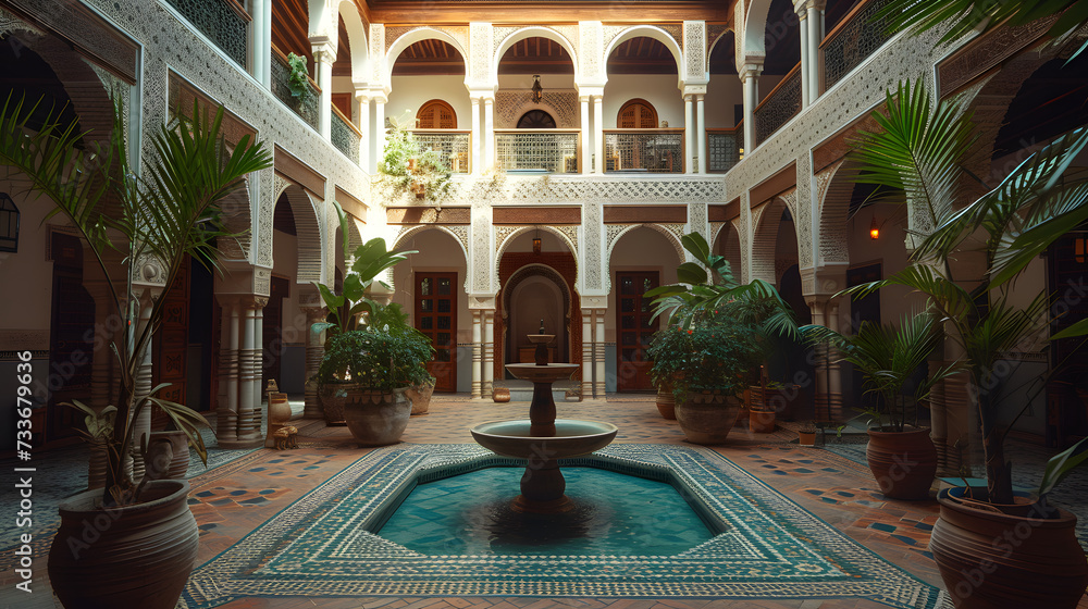Obraz premium A Moroccan pool is surrounded by potted plants and a fountain in the middle. The room has arches and a high ceiling.