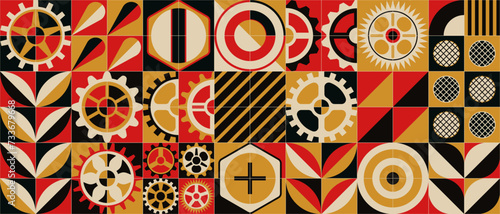 Abstract techno jagged background with geometric colorful cogwheels. Industrial mosaic pattern. Engineering mechanisms as a flower arrangement. A small set. Surrealism in red and yellow tones