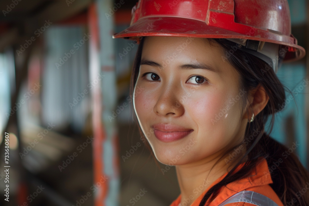 A woman Construction worker with hardhat ,Portrait Of Woman Architect On Construction Site A woman Construction worker with hardhat ,Portrait Of Woman Architect On Construction Site