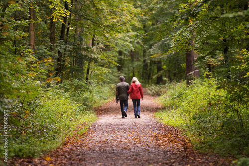 Couple takes a walk through the autumn forest