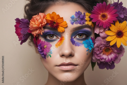A portrait of a person with a creative makeup of vibrant flowers adorning half of their face against a neutral background