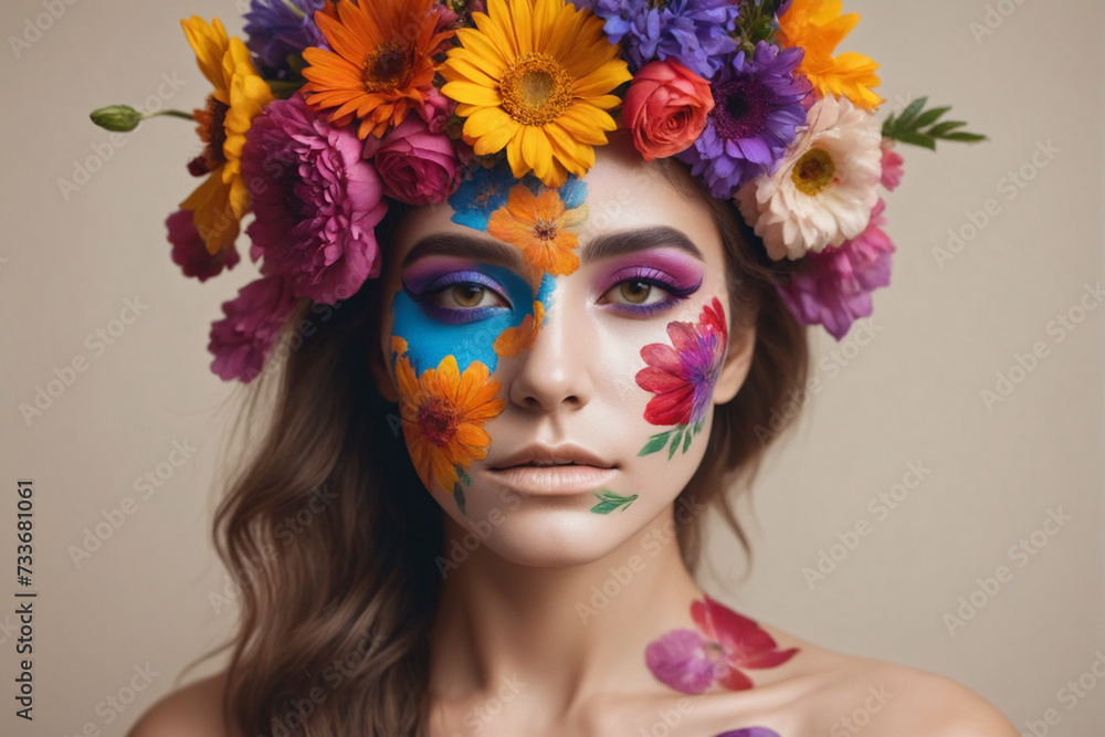 A portrait of a person with a creative makeup of vibrant flowers adorning half of their face against a neutral background A portrait of a person with a creative makeup of vibrant flowers adorning half of their face against a neutral background