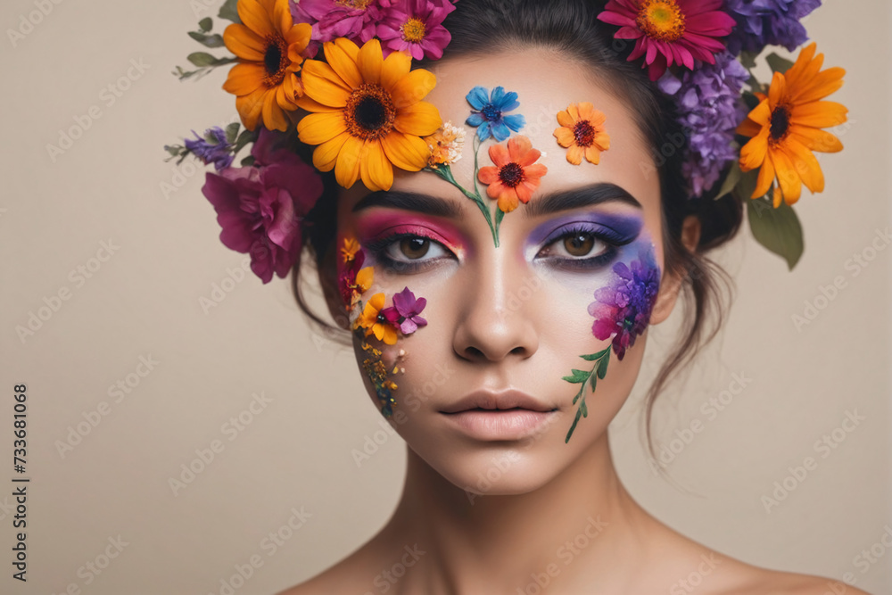 A portrait of a person with a creative makeup of vibrant flowers adorning half of their face against a neutral background
