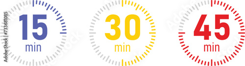 The 15, 30 and 45 minutes, stopwatch vector icon. Stopwatch icon in blue, yellow and red flat style, 15, 30, 45 minutes timer on on color background. Vector illustration