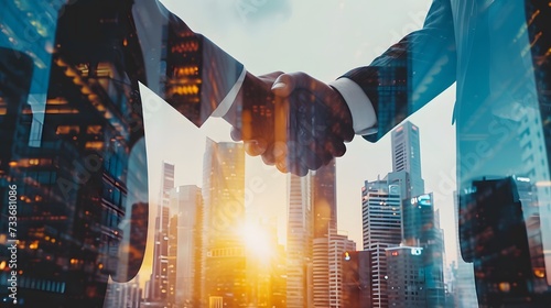 Double exposure of two businessman, handshake for investment deal during night cityscape, skyscrapers background. 