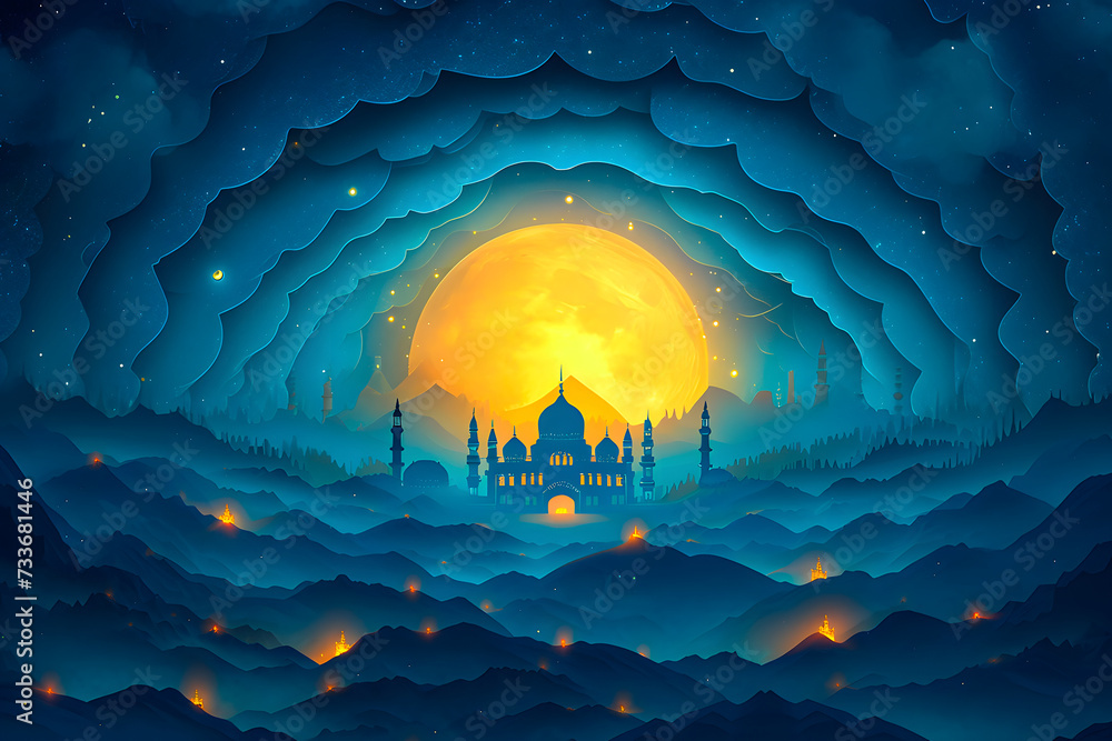 Ramadan mosque with starry night sky ornate with clouds, neural network ...