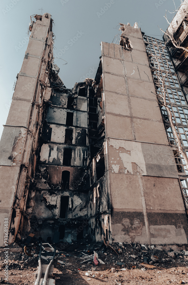 Fototapeta premium destroyed and burned houses in the city Russia Ukraine war
