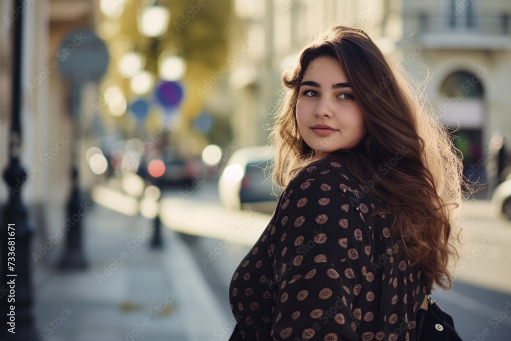 Fashionable overweight woman standing with a cool attitude on a city street.