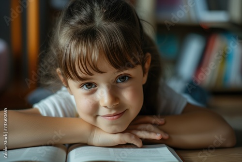 A little girl is sitting at a table with her head resting on an open book
