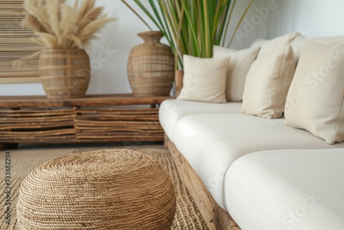 A living room with a couch , pillows , vases and a wicker ottoman