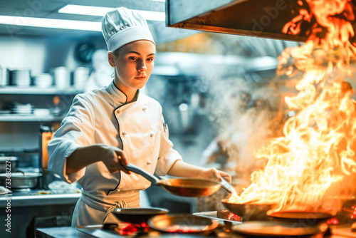 Chef Cooking Flambe Dish in Professional Kitchen.
