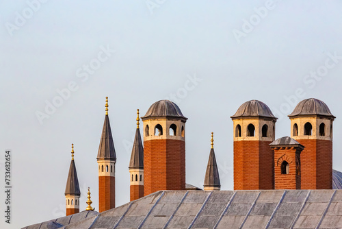 The roof and red brick chimneys of Harem at Topkapi Palace. Istanbul, Turkey