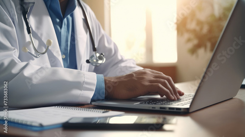 A doctor is using a laptop in a medical office