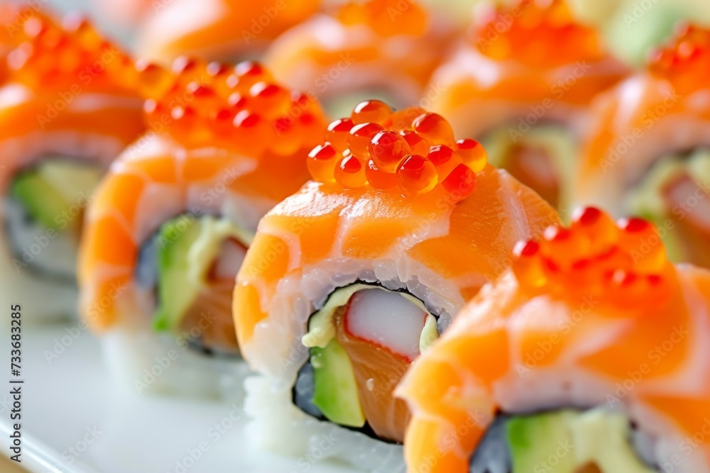 Captivating And Delicious Closeup Of Salmon, Avocado, And Red Caviar Rolls Captivating And Delicious Closeup Of Salmon, Avocado, And Red Caviar Rolls