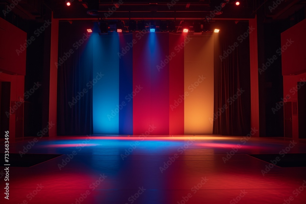 Colorful Lights Illuminate An Empty Stage, Setting Vibrant Atmosphere For Modern Dance