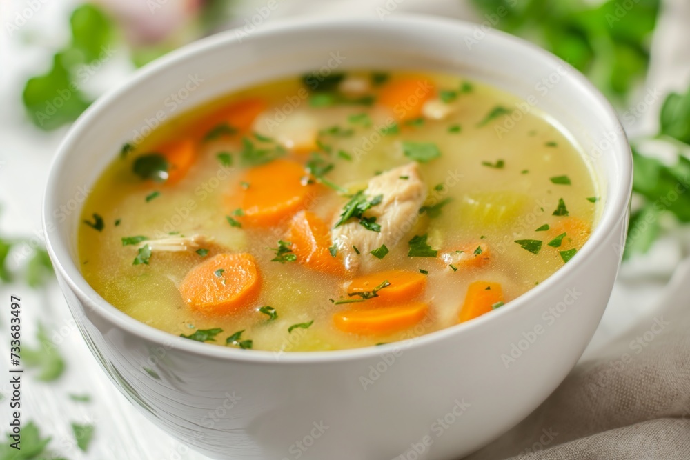 Close up view of a bowl with chicken soup on a white wooden background with space for text