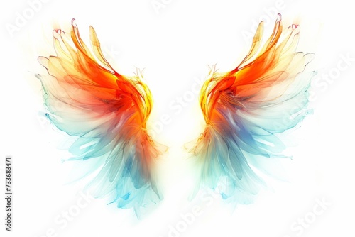 Radiant, Vibrant Angel Wings Shining Against A White Background, Embodying Transcendent Beauty © Anastasiia