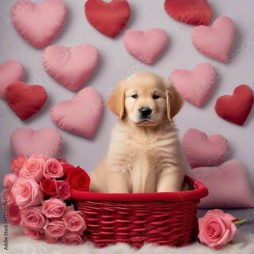 A Golden Retriever puppy with a red rose  photo