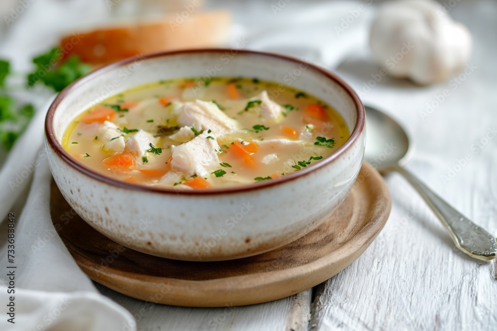 Сhicken soup in a bowl on wooden tray with a spoon on a white wooden table Сhicken soup in a bowl on wooden tray with a spoon on a white wooden table