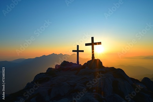 Crosses Atop Picturesque Mountain Peak Silhouetted By The Rising Sun