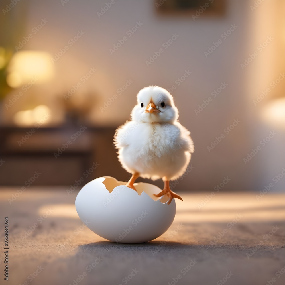 Cute little chicken coming out of a white egg Cute little chicken coming out of a white egg