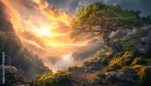 Radiant Sunrise Over Mountainous Landscape with Majestic Tree