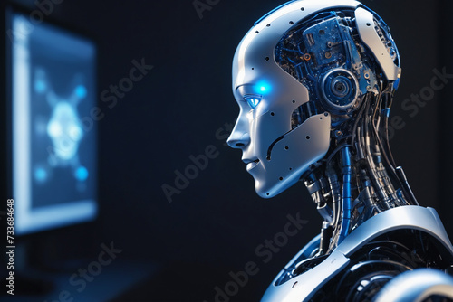 A profile view of a humanoid robot with a visible intricate blue circuitry inside the head, reflecting advanced artificial intelligence technology - AI