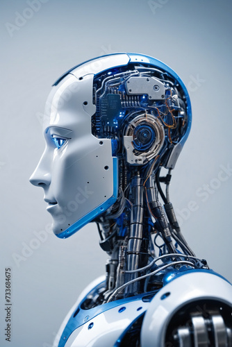 A profile view of a humanoid robot with a visible intricate blue circuitry inside the head, reflecting advanced artificial intelligence technology - AI