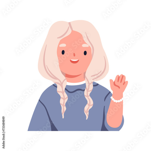 Happy girl greeting with hand gesture. Cute kawaii little kid smiling, saying...