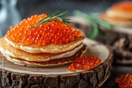 Savor The Flavor: Festively Arranged Pancakes With Delectable Red Caviar On A Rustic Wooden Plate