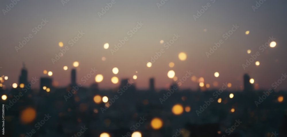 Golden bokeh particles fly against a blurred city backdrop Golden bokeh particles fly against a blurred city backdrop
