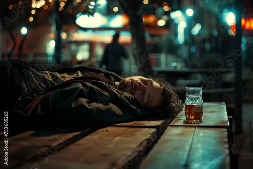 Drunkard Sleeping Outdoors On Wooden Bench, Showcasing The Harsh Reality Of Alcoholism