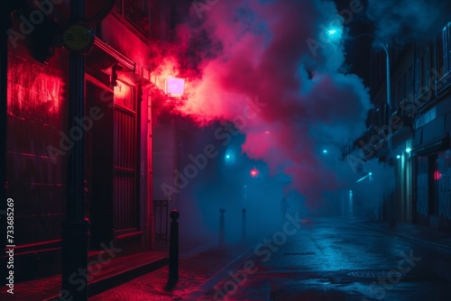 Eerie Urban Setting With Neon Lights, Spotlights, And Atmospheric Smoke