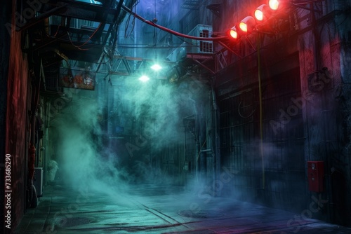 Gothic Cityscape Immersed In Neon Lights, Spotlights, And Mystical Atmosphere