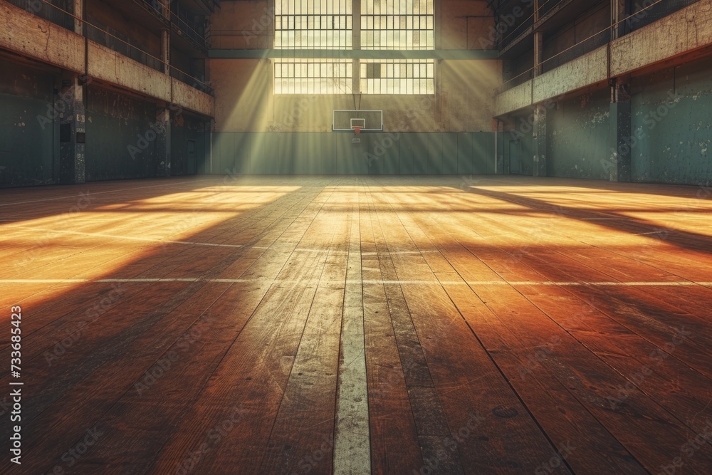 Empty Textured Wooden Court Ready For Competitive Game Of Badminton Or Basketball