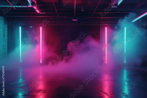 Empty Stage With Neon Lights, Spotlights, And Smoke Creating Captivating Atmosphere © Anastasiia