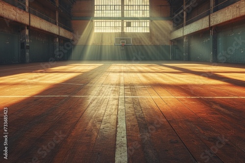 Empty Textured Wooden Court Ready For Competitive Game Of Badminton Or Basketball
