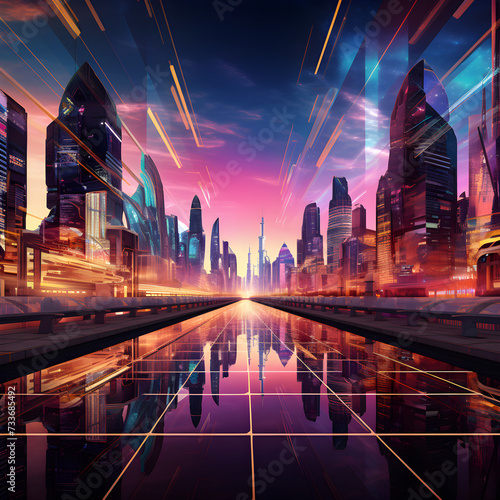 Image Featuring a Dazzling Cityscape with Futuristic Architectural Marvels Illuminated Under a Spectral Sky