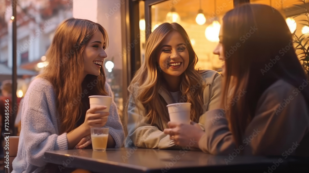 Group of beautiful happy women meeting outdoors and having fun drinking in a cafe shop Group of beautiful happy women meeting outdoors and having fun drinking in a cafe shop