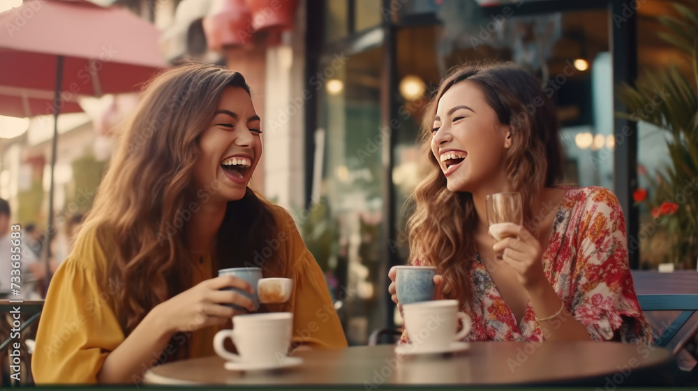 Group of beautiful happy women meeting outdoors and having fun drinking in a cafe shop Group of beautiful happy women meeting outdoors and having fun drinking in a cafe shop