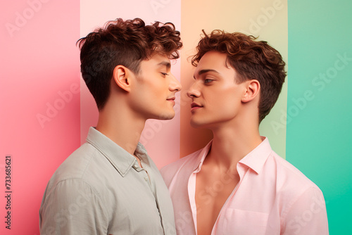 Two handsome young guys facing each other on colorful background, gays, LGBT