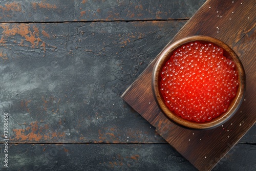 Exquisite Red Caviar Elegantly Presented On Rustic Wooden Board, Viewed From Above