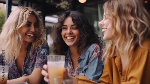 Group of beautiful happy women meeting outdoors and having fun drinking in a cafe shop