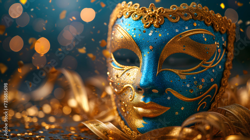 A blue and gold mask is surrounded by gold confetti. © wcirco
