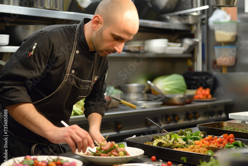 Male chef preparing vegetable vegetarian dish at a professional kitchen