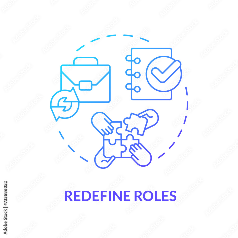 Redefine roles blue gradient concept icon. Defining responsibilities within organization. Round shape line illustration. Abstract idea. Graphic design. Easy to use in promotional material Redefine roles blue gradient concept icon. Defining responsibilities within organization. Round shape line illustration. Abstract idea. Graphic design. Easy to use in promotional material