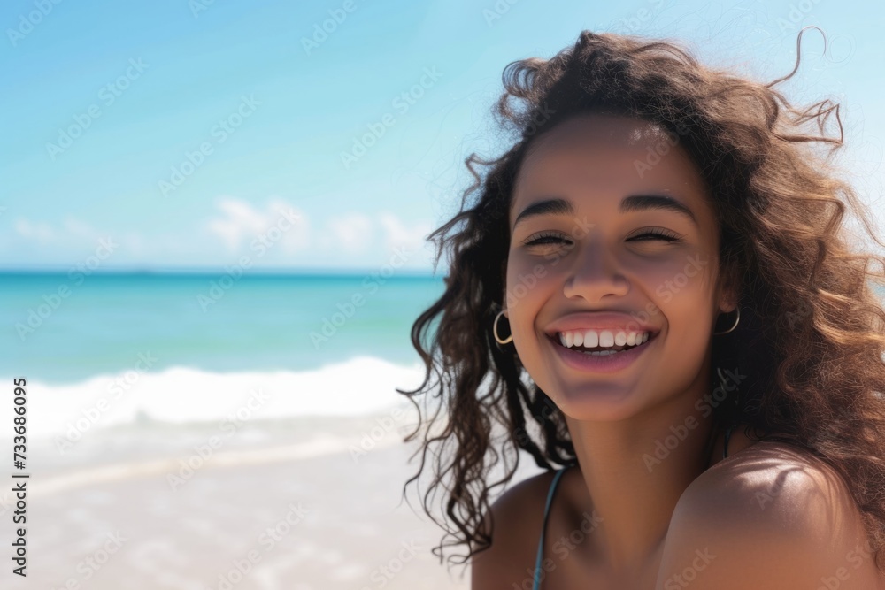 Joyful And Radiant Young Woman Delighting In A Sun-Kissed Day By The Sea Joyful And Radiant Young Woman Delighting In A Sun-Kissed Day By The Sea