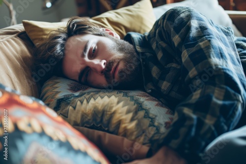 Agonizing Hangover: Man In Discomfort On Couch With Pillow photo