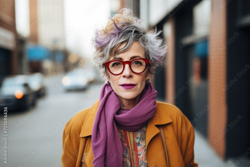 Portrait of a beautiful middle-aged woman with short hair in the city Portrait of a beautiful middle-aged woman with short hair in the city