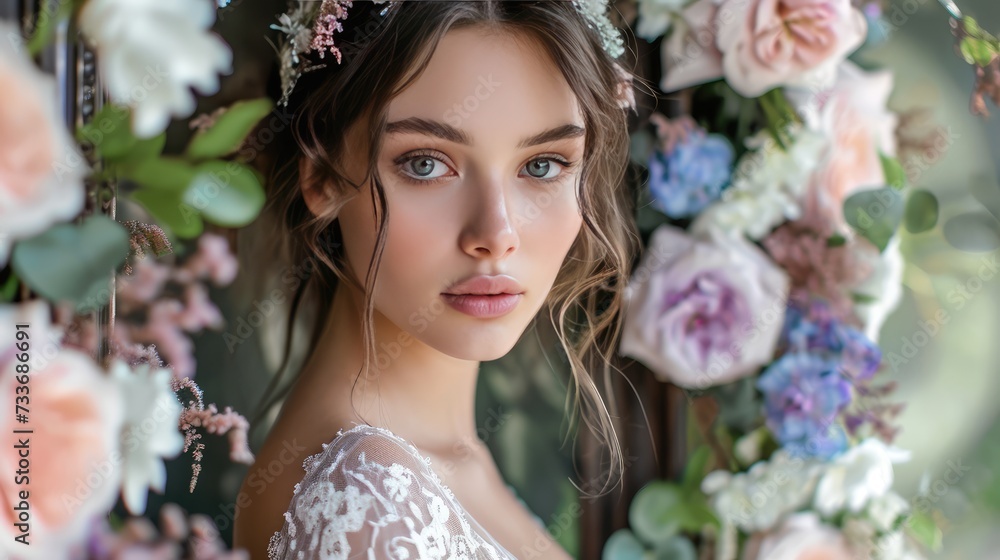 Young bride in wedding dress flower background closeup